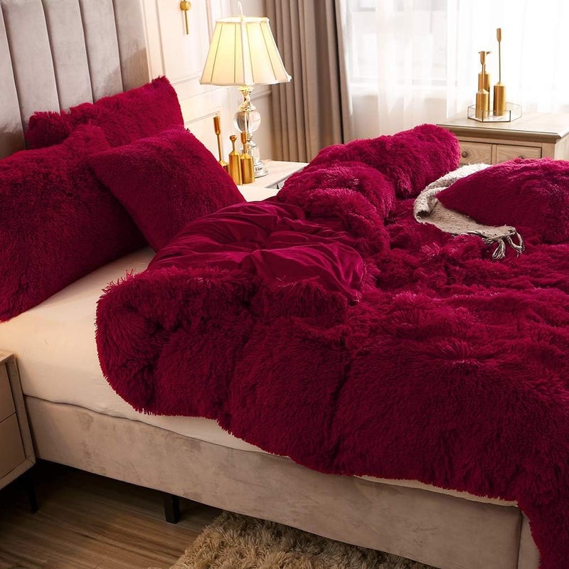 Uhamho Faux Fur Velvet Fluffy Bedding Duvet Cover Set Down Comforter Quilt Cover with Pillow Sham, Ultra Soft Warm (Burgundy, Twin) - Image 4